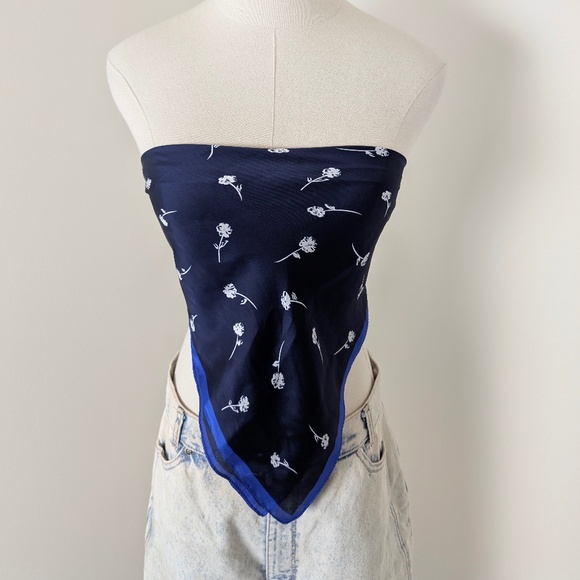 Navy Floral Square Scarf Silk Vintage Sheer Blue Trim Lightweight - Picture 2 of 11